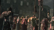 Ezio witnessing the condemnation of Girolamo Savonarola.