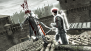 Ezio in combattimento contro due arcieri.