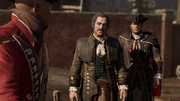 Haytham and Charles being halted by a Redcoat