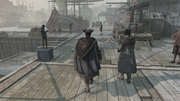 Haytham and Charles walking through the docks