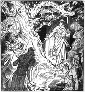 An engraving of Odin revealing Barnstokkr to Sigmund