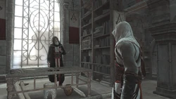 Altaïr parla con Al Mualim.