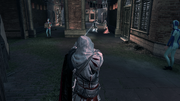 Ezio aiming at the murderer