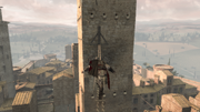 Ezio freerunning toward a San Gimignano tower.