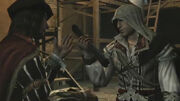Ezio átad egy kódexlapot Leonardo da Vincinek