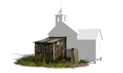 Concept art of a shack next to the cemetery's chapel