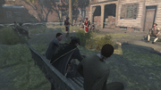 Haytham Kenway eavesdropping on a group of soldiers