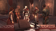 Ezio discussing plans with the other Assassins