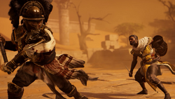 Bayek clashing with Hypatos