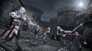 Ezio and Niccolò fight in front of the Rocca di Ravaldino