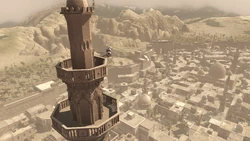 Altaïr op een uitkijkpunt in Damascus.