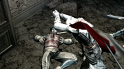 Ezio luchando contra los guardias de la tesorería.