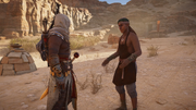Anen directing Bayek to the tomb robbers' location