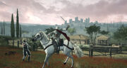 Ezio riding a horse with San Gimignano in the background.