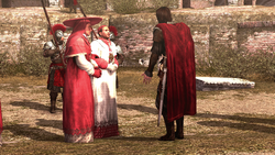 Cesare speaking with two of his cardinal allies