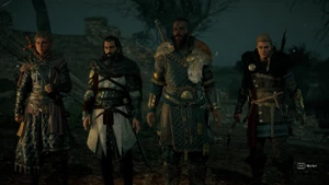 Sigurd, Eivor, Basim und Fulke treten Eadwyn gegenüber.