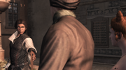 Ezio handing the package to the thief and courtesan