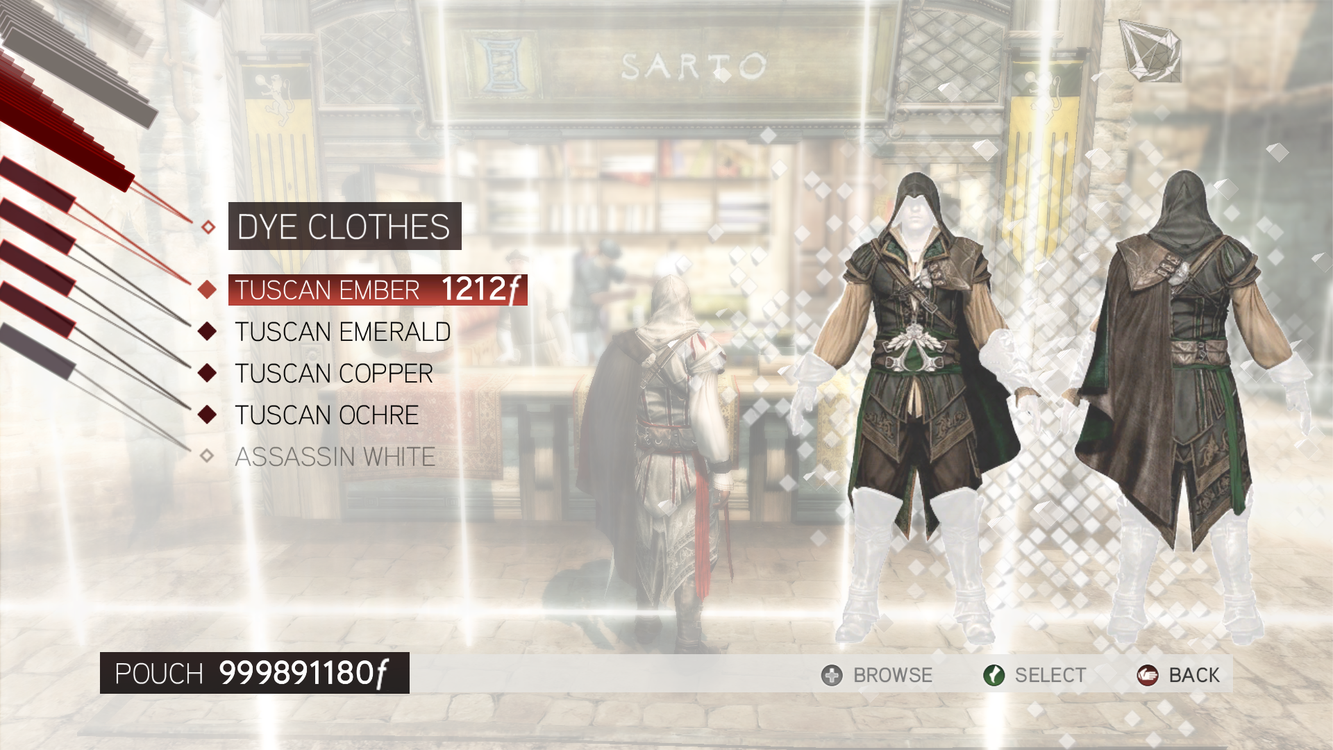 Assassins 2 сохранения. Assassin's Creed 2 покраска одежды. Ассасин Крид 2 костюмы. Assassins Creed 2 секретный костюм. Кастомизация ассасина 2.