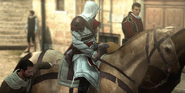 Ezio et Machiavelli parlant à cheval.