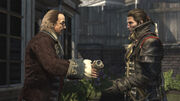 Franklin handing the prototype grenade launcher to Shay Cormac