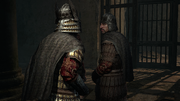 A Varangian speaking to two Militiamen