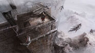 Concept art d'Assassins sautant du haut de la forteresse