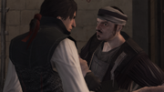 Ezio delivering the package to a mercenary.