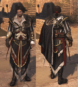 Ezio wearing Altaïr's armor with the lowered hood