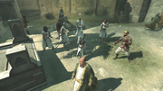 Altaïr fighting Saracens and Crusaders at the cemetery