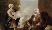 A 1729 painting by William Hogarth with Rogers receiving a map from his son