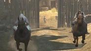 Père et fils fuyant à cheval