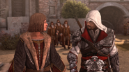 Ezio e Salaì seguiti fuori dalla locanda.