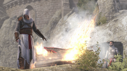 Altaïr reasoning with the Assassins.