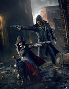 Jacob and Evie Frye aiming their pistols