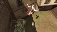 Ezio effectuant un assassinat aérien sur un mannequin