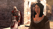 Ezio approaching the woman on the rooftop