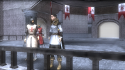 A Templar telling Maria that she won't be allowed to travel to Cyprus with them