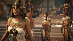 Cleopatra ordering Bayek and Aya to eliminate Hetepi