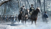 Connor and Washington riding on horseback through the Frontier.