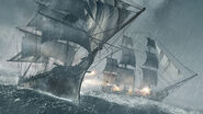 The Jackdaw in combat during a storm.