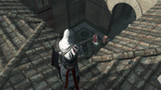 Ezio aiming the Hidden Gun at the conspirator