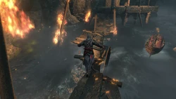 Ezio chasing the Templar ship in the Forum of the Ox