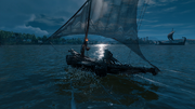 Bayek riding Zervos' felucca