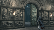 Ezio bij de ingang naar de basiliek.