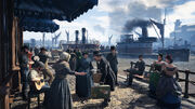 People gathered on one of the Thames' banks