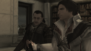 Ezio dándole la pagina del códice de su padre a Mario.