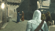 Altaïr escuchando a los civiles.