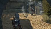 Ezio throwing a bomb at a guard