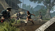 Aveline fighting several Spanish soldiers using her slave outfit in Mexico