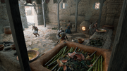 The merchant and his guards attacking Bayek